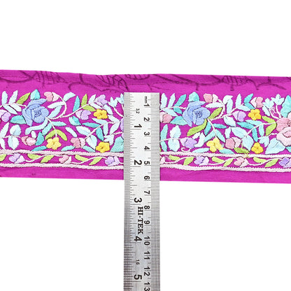 Indian Antique Vintage Real Parsi Gara Border Purple Hand Embroidered Craft Trim Lace Sewing Saree Ribbon Recycled 1yard Pure Crepe Silk
