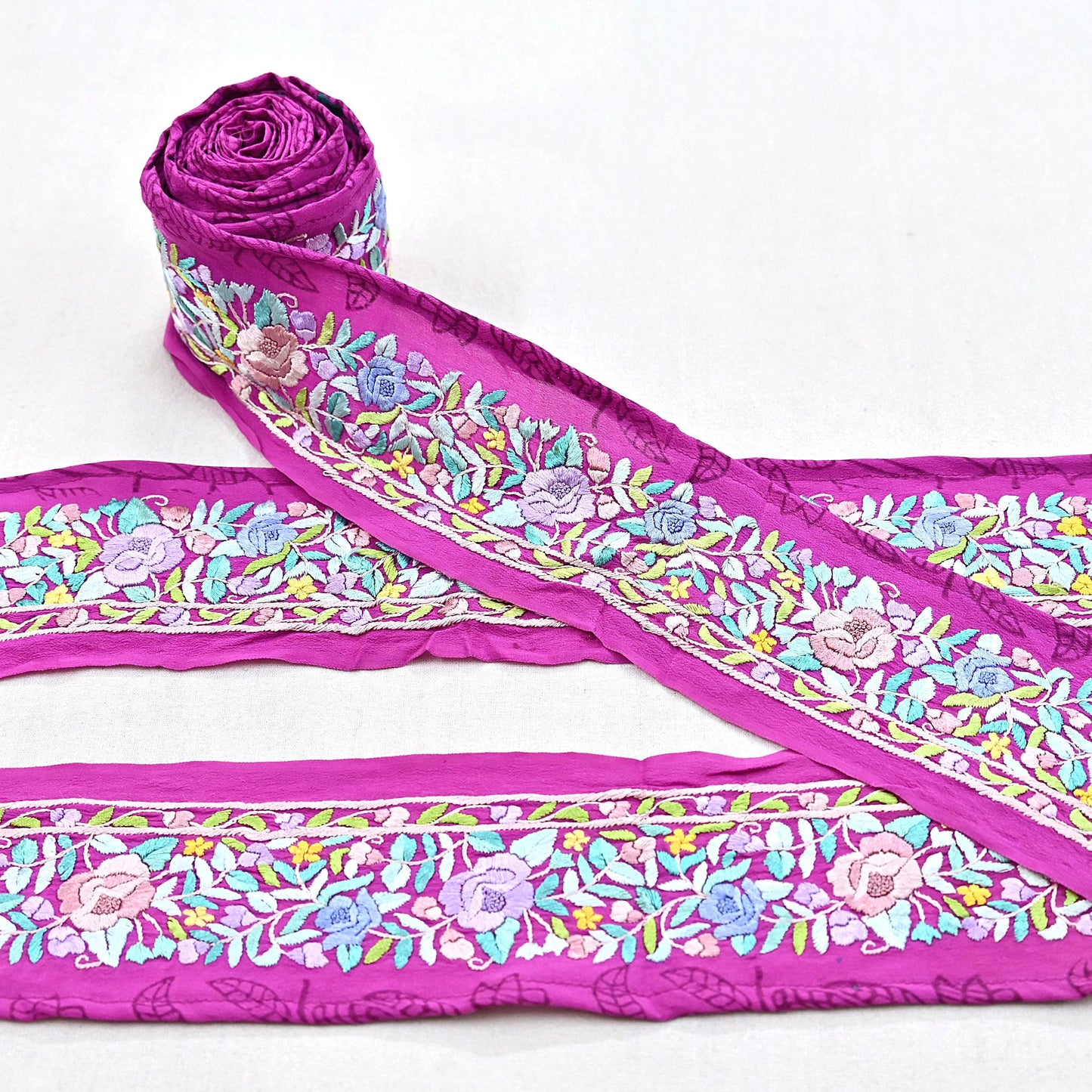 Indian Antique Vintage Real Parsi Gara Border Purple Hand Embroidered Craft Trim Lace Sewing Saree Ribbon Recycled 1yard Pure Crepe Silk