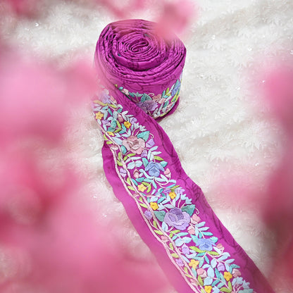 Indian Antique Vintage Real Parsi Gara Border Purple Hand Embroidered Craft Trim Lace Sewing Saree Ribbon Recycled 1yard Pure Crepe Silk