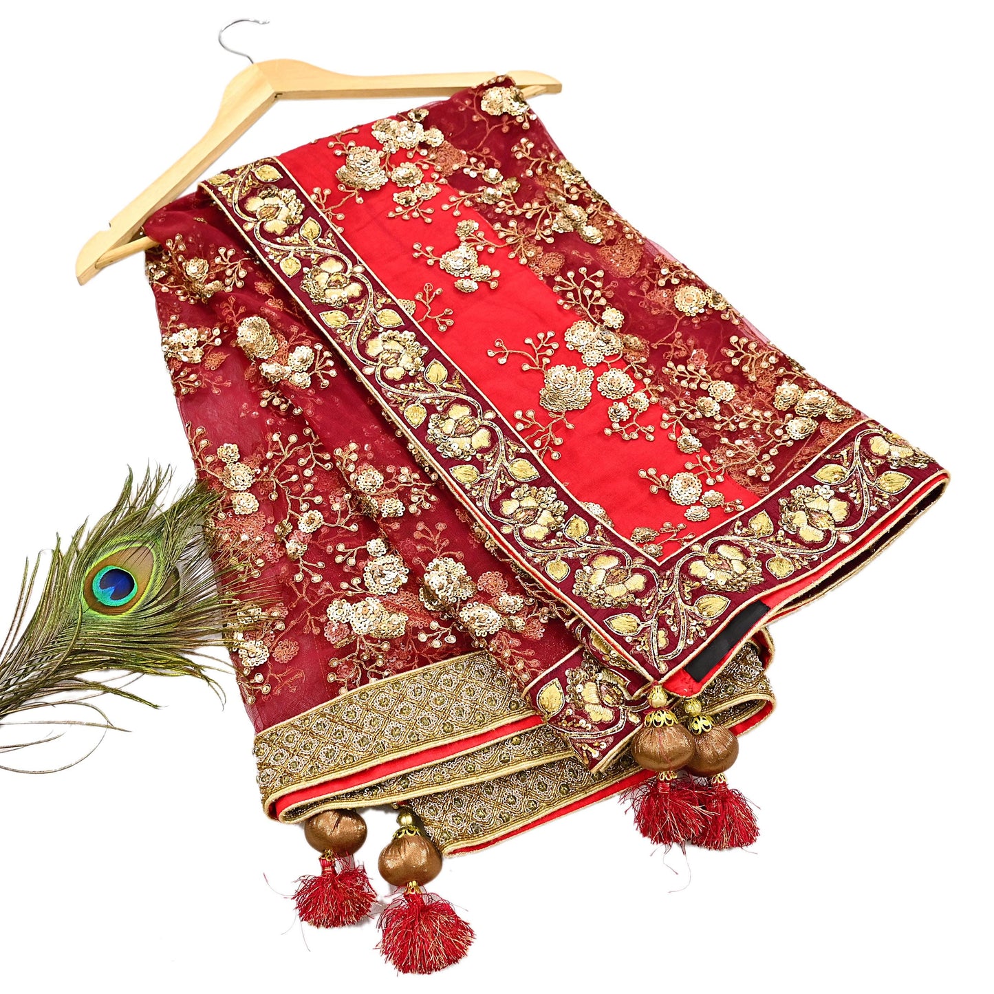 Indian Vintage Heavy Wedding Dupatta Maroon Net Long Stole Hand Embroidered By Designer Sabyasachi Scarves Zardozi Bridal Veil