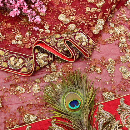 Indian Vintage Heavy Wedding Dupatta Maroon Net Long Stole Hand Embroidered By Designer Sabyasachi Scarves Zardozi Bridal Veil