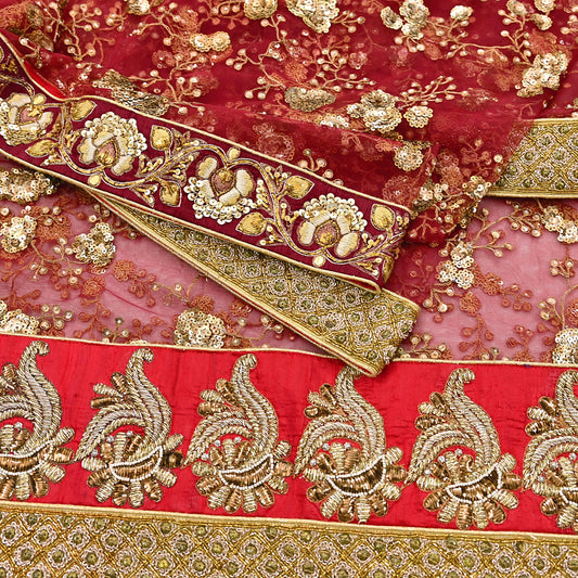 Indian Vintage Heavy Wedding Dupatta Maroon Net Long Stole Hand Embroidered By Designer Sabyasachi Scarves Zardozi Bridal Veil