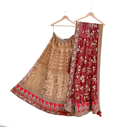 Indian Heavy Maroon & Beige Mesh/Net Hand Embroidered Lehenga 2pcs Set By Designer Sabyasachi Bridal Wear