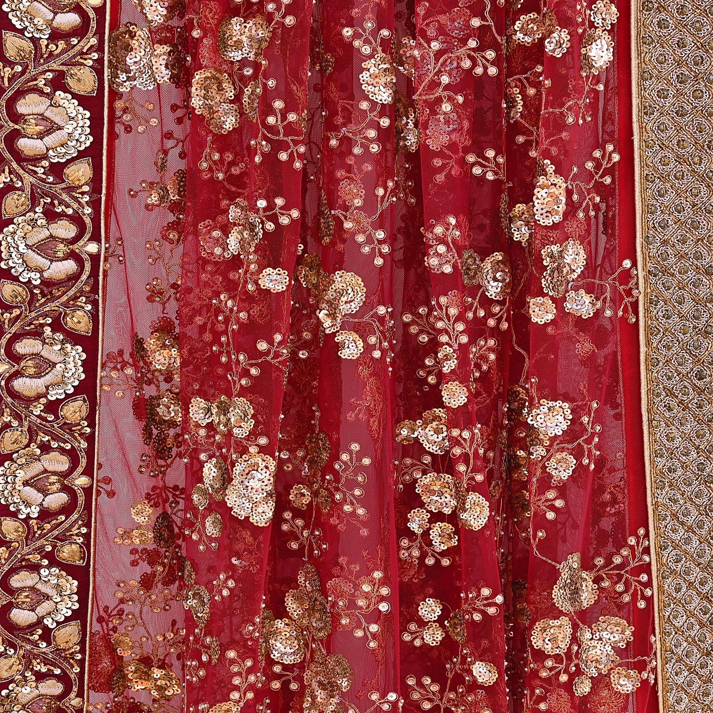 Indian Heavy Maroon & Beige Mesh/Net Hand Embroidered Lehenga 2pcs Set By Designer Sabyasachi Bridal Wear