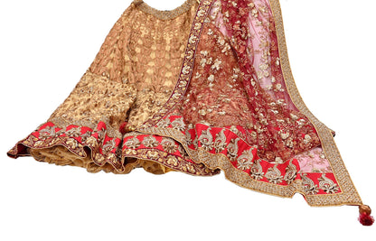 Indian Heavy Maroon & Beige Mesh/Net Hand Embroidered Lehenga 2pcs Set By Designer Sabyasachi Bridal Wear