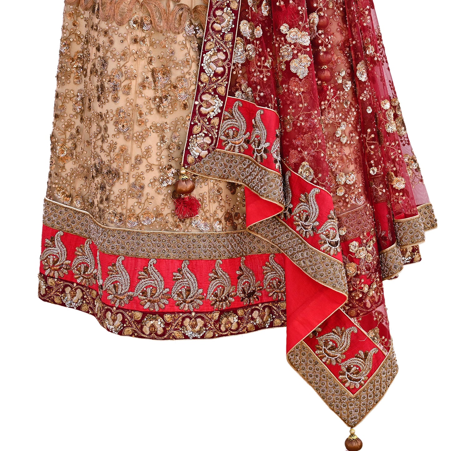 Indian Heavy Maroon & Beige Mesh/Net Hand Embroidered Lehenga 2pcs Set By Designer Sabyasachi Bridal Wear