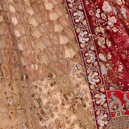 Indian Heavy Maroon & Beige Mesh/Net Hand Embroidered Lehenga 2pcs Set By Designer Sabyasachi Bridal Wear