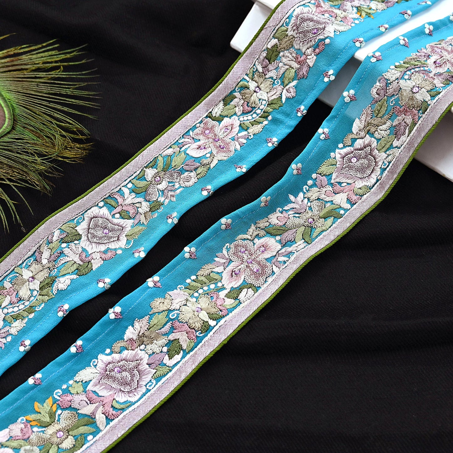 Indian Antique Vintage Real Parsi Gara Border Hand Embroidered Craft Trim Lace Sewing Saree Ribbon Recycled 1yard Pure Georgette Silk