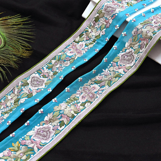 Indian Antique Vintage Real Parsi Gara Border Hand Embroidered Craft Trim Lace Sewing Saree Ribbon Recycled 1yard Pure Georgette Silk