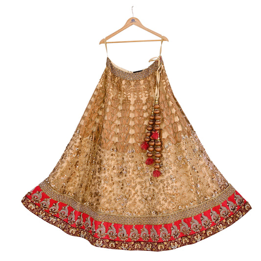 Indian Vintage Heavy Beige Net/Mesh Hand Embroidered Lehenga Skirt By Designer Sabyasachi Bridal Wear Dabka/ Zardozi