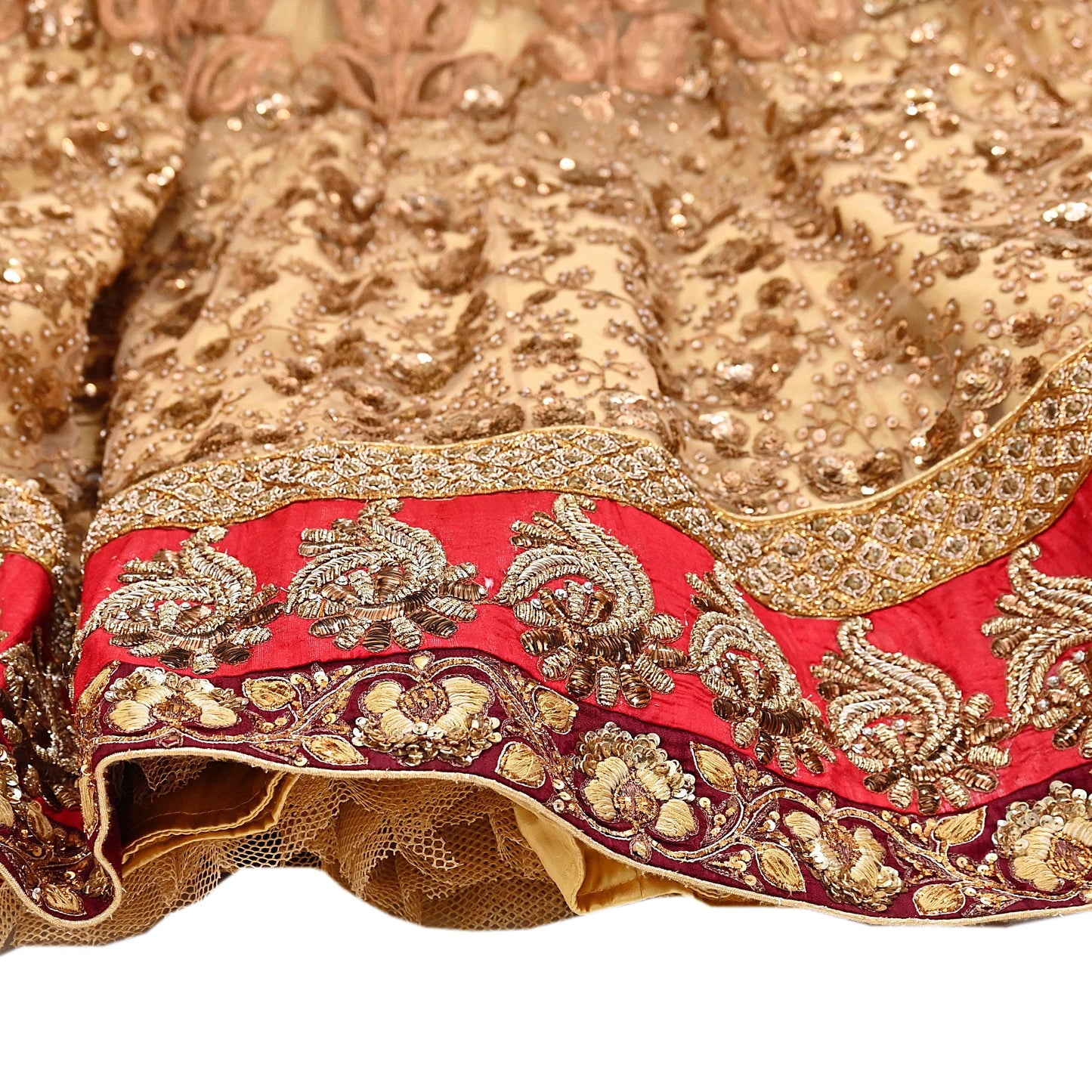 Indian Vintage Heavy Beige Net/Mesh Hand Embroidered Lehenga Skirt By Designer Sabyasachi Bridal Wear Dabka/ Zardozi