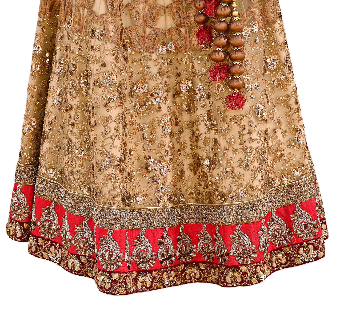 Indian Vintage Heavy Beige Net/Mesh Hand Embroidered Lehenga Skirt By Designer Sabyasachi Bridal Wear Dabka/ Zardozi