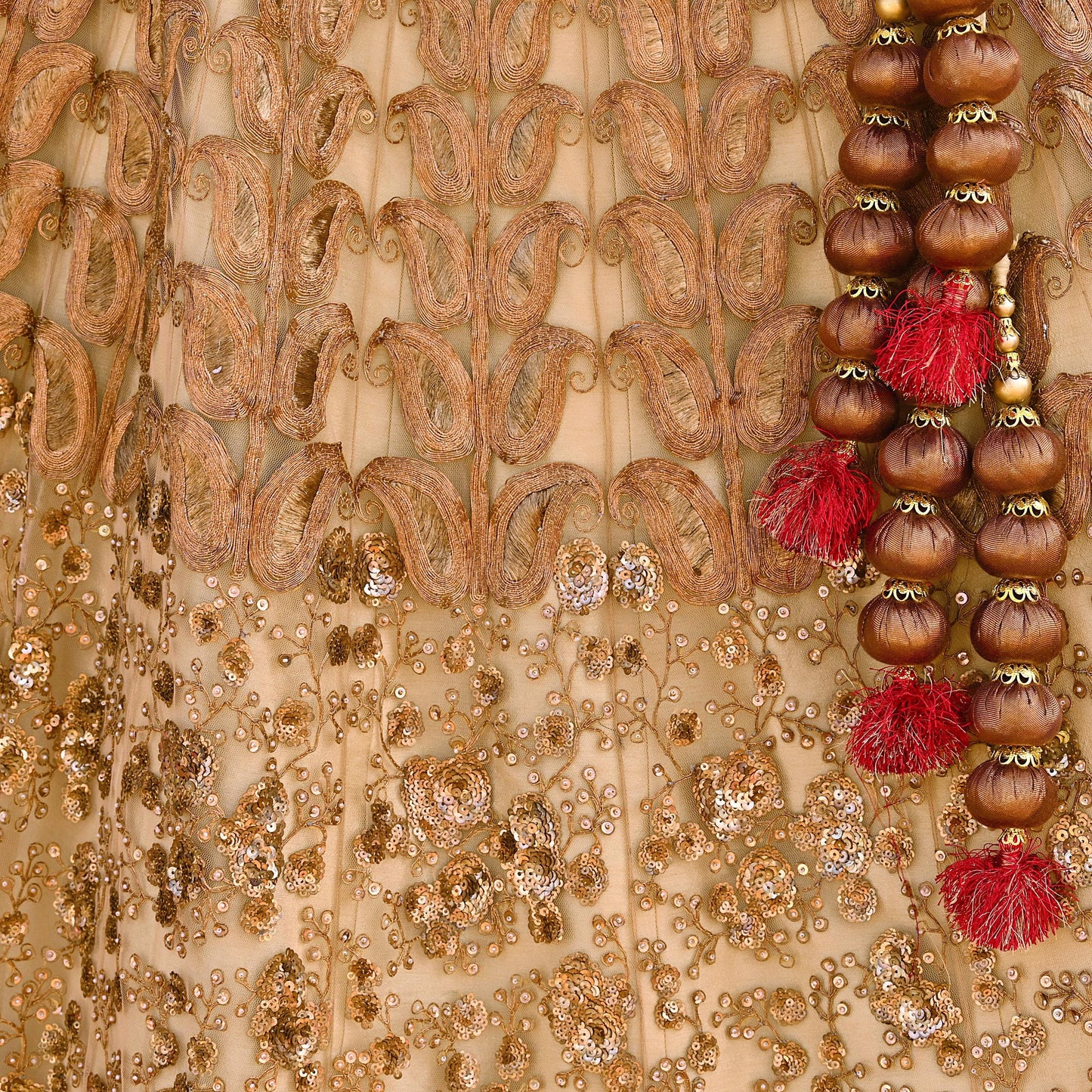 Indian Vintage Heavy Beige Net/Mesh Hand Embroidered Lehenga Skirt By Designer Sabyasachi Bridal Wear Dabka/ Zardozi