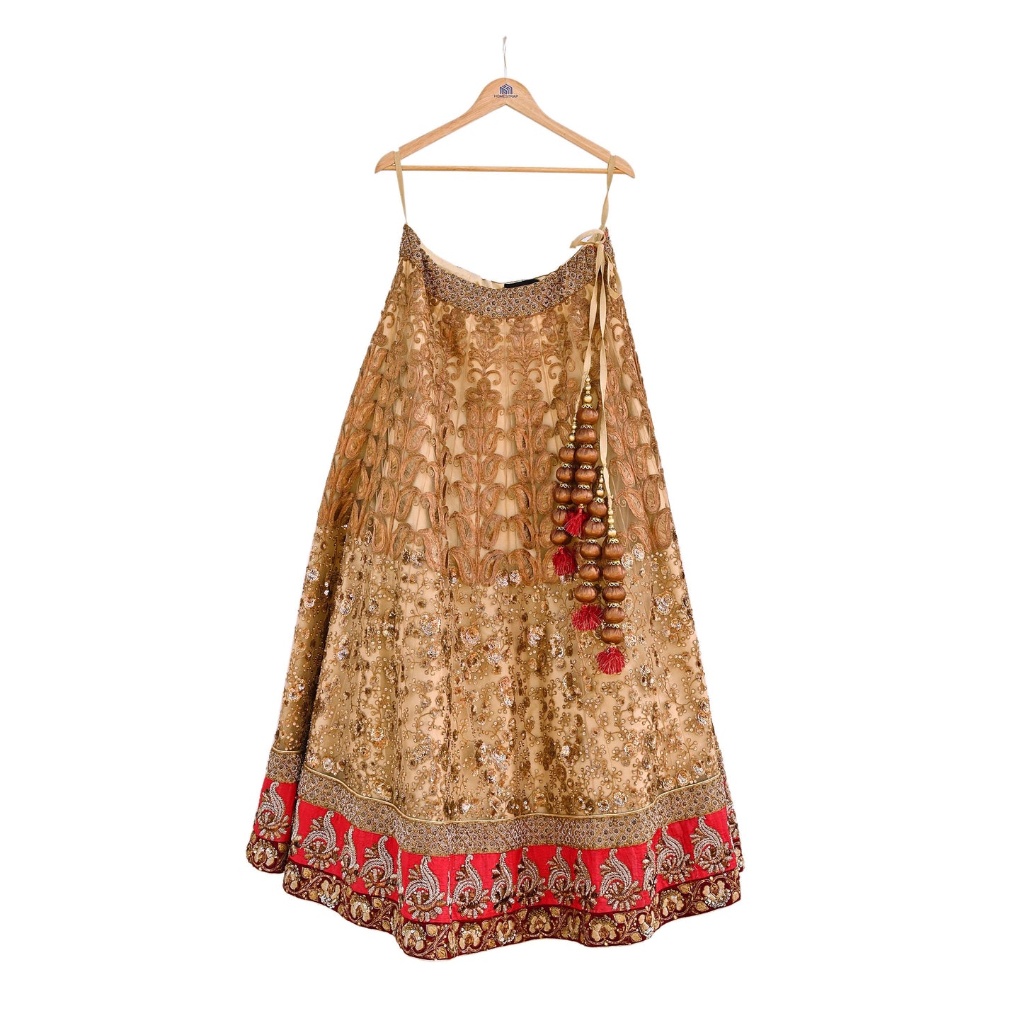 Indian Vintage Heavy Beige Net/Mesh Hand Embroidered Lehenga Skirt By Designer Sabyasachi Bridal Wear Dabka/ Zardozi