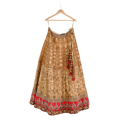 Indian Vintage Heavy Beige Net/Mesh Hand Embroidered Lehenga Skirt By Designer Sabyasachi Bridal Wear Dabka/ Zardozi