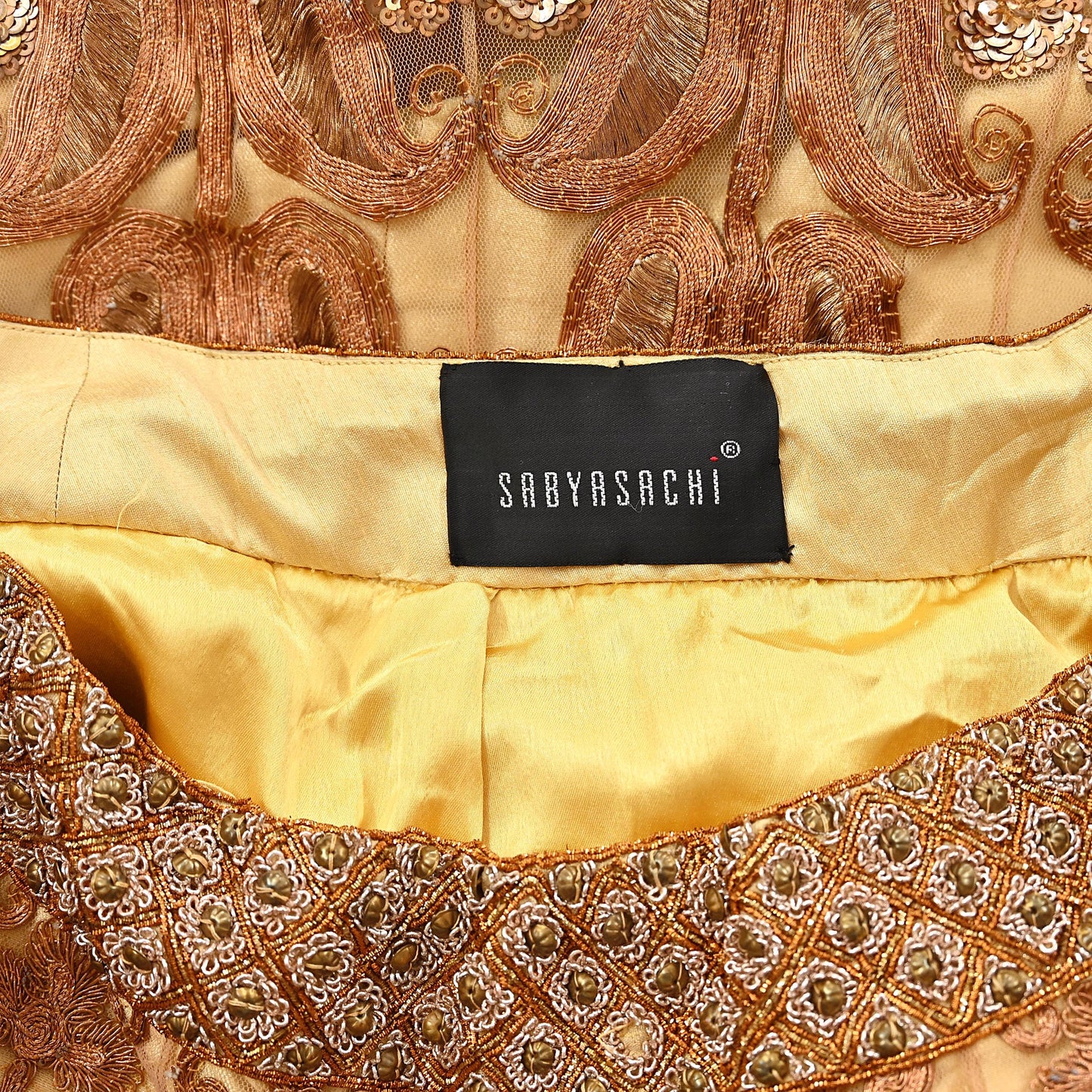Indian Vintage Heavy Beige Net/Mesh Hand Embroidered Lehenga Skirt By Designer Sabyasachi Bridal Wear Dabka/ Zardozi