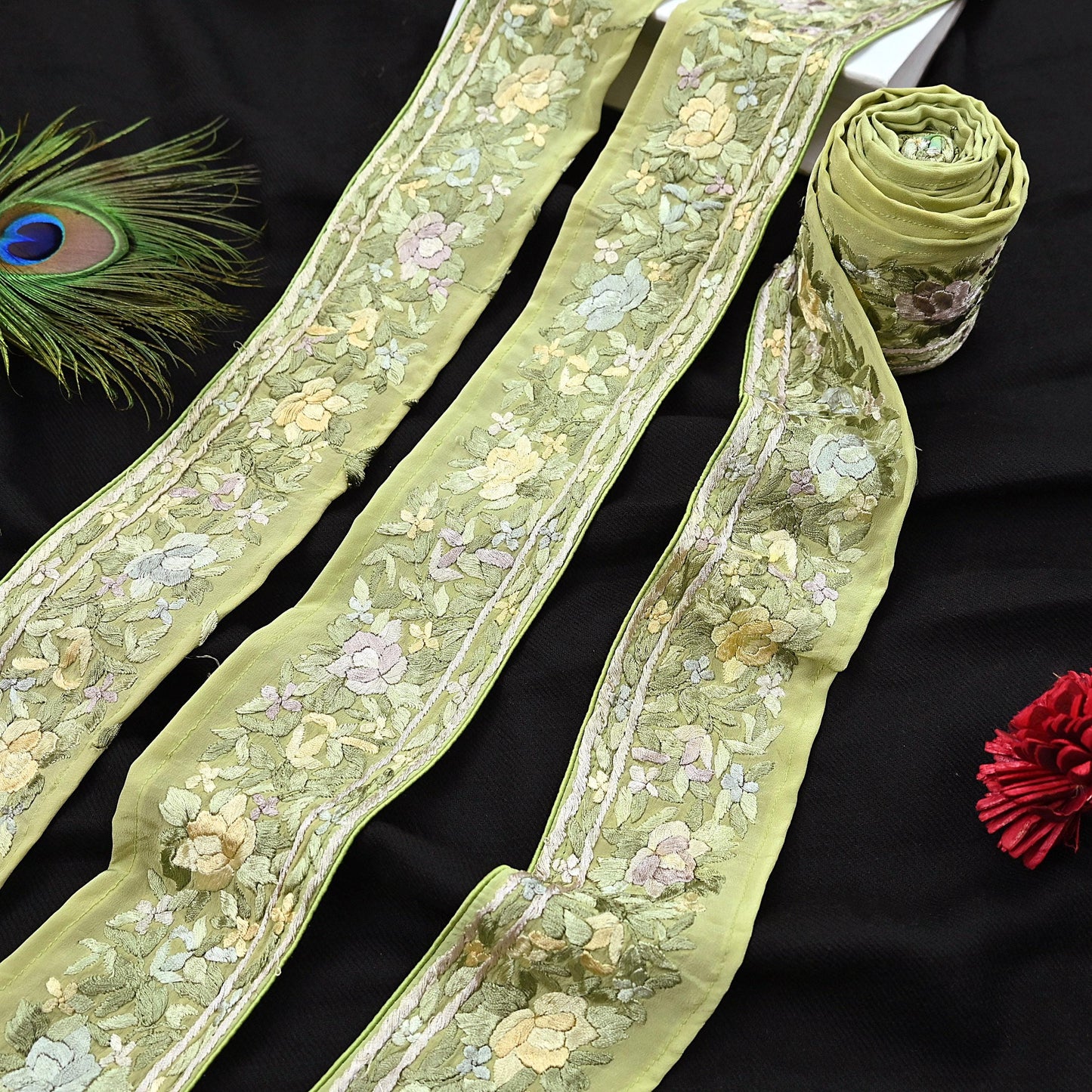 Indian Antique Vintage Real Parsi Gara Border Green Hand Embroidered Craft Trim Lace Sewing Saree Ribbon Recycled 1yard Pure Crepe Silk