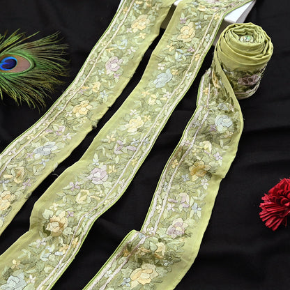 Indian Antique Vintage Real Parsi Gara Border Green Hand Embroidered Craft Trim Lace Sewing Saree Ribbon Recycled 1yard Pure Crepe Silk