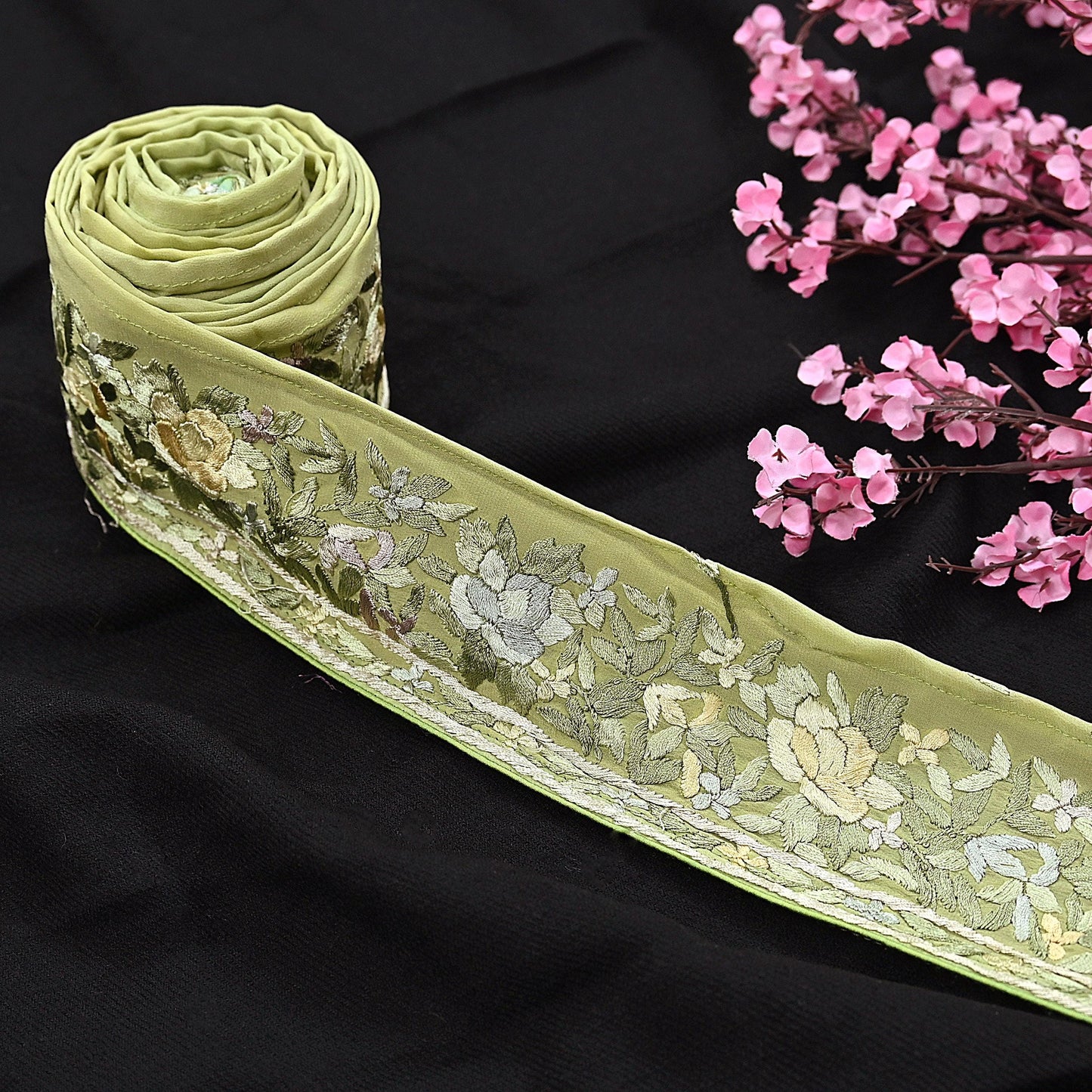 Indian Antique Vintage Real Parsi Gara Border Green Hand Embroidered Craft Trim Lace Sewing Saree Ribbon Recycled 1yard Pure Crepe Silk