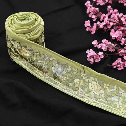 Indian Antique Vintage Real Parsi Gara Border Green Hand Embroidered Craft Trim Lace Sewing Saree Ribbon Recycled 1yard Pure Crepe Silk