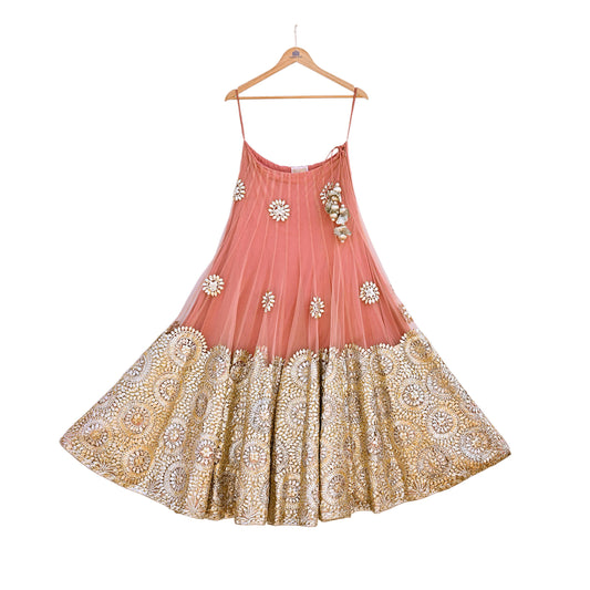 Pre-Owned Designer Abu Jani Hand Embroidered Peach Net Lehenga Skirt with Gota Patti Work Bridal Couture Heavy Indian Wear