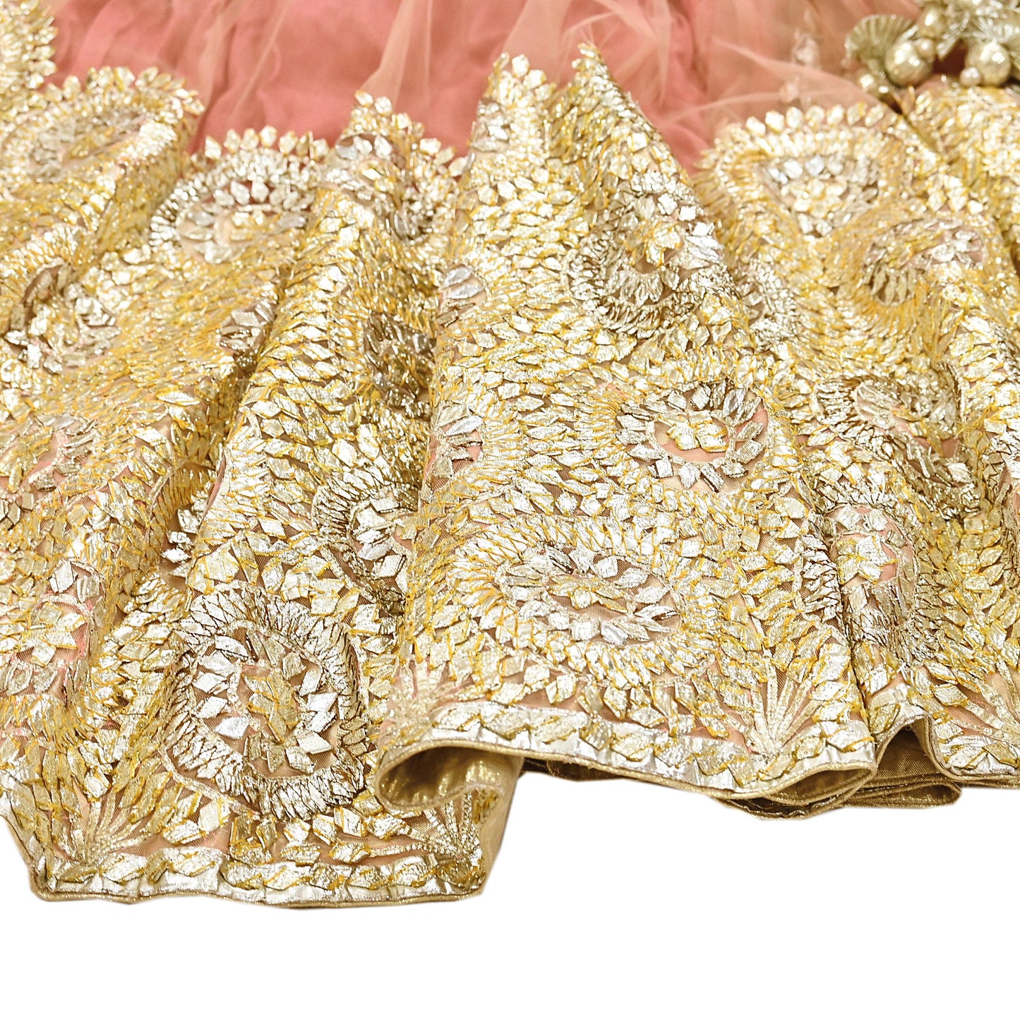Pre-Owned Designer Abu Jani Hand Embroidered Peach Net Lehenga Skirt with Gota Patti Work Bridal Couture Heavy Indian Wear