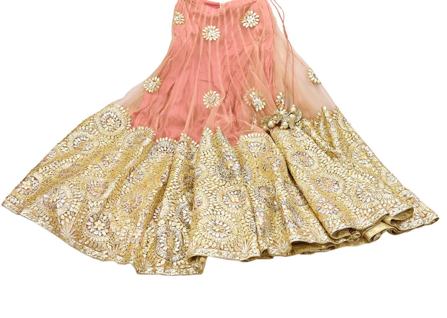 Pre-Owned Designer Abu Jani Hand Embroidered Peach Net Lehenga Skirt with Gota Patti Work Bridal Couture Heavy Indian Wear