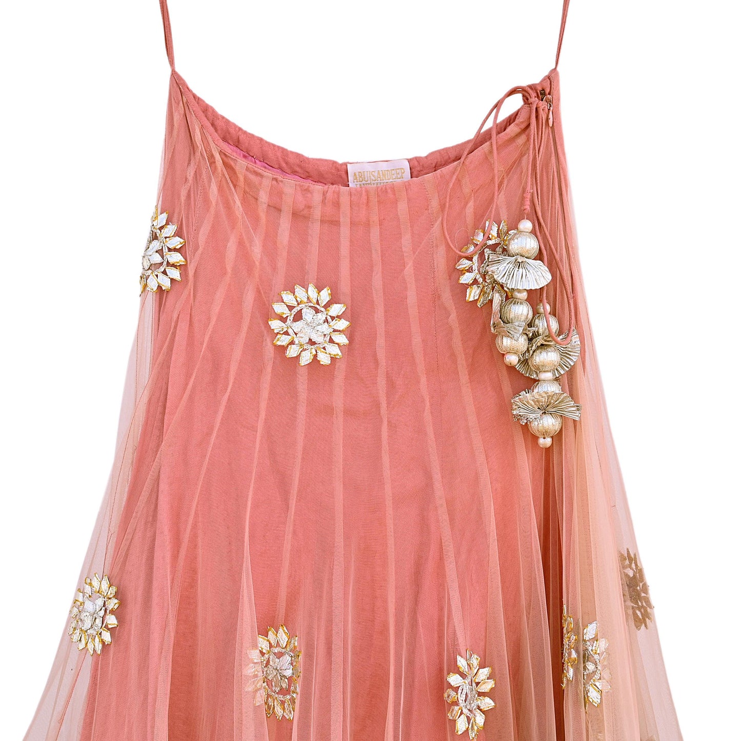 Pre-Owned Designer Abu Jani Hand Embroidered Peach Net Lehenga Skirt with Gota Patti Work Bridal Couture Heavy Indian Wear