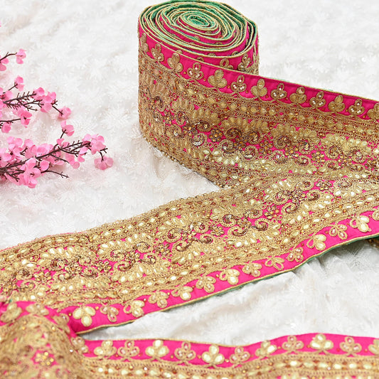 Indian Vintage Magenta Sari Border 1Yd Hand Embroidered Dabka Lace Trim Sewing Craft Ribbon Dress Decor