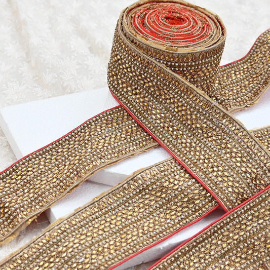 Indian Vintage Golden Sari Border 1Yd Hand Embroidered Dabka Lace Trim Sewing Craft Ribbon Dress Decor