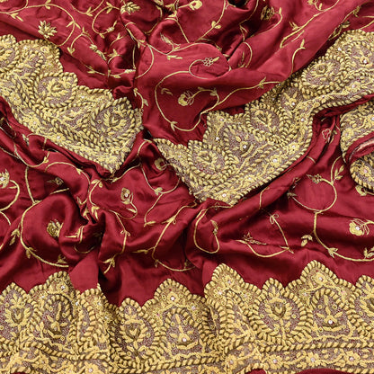 Indian Vintage Heavy Wedding Maroon Dupatta Pure Satin Silk Long Stole Hand Embroidered Scarves Golden Zardozi Bridal Veil