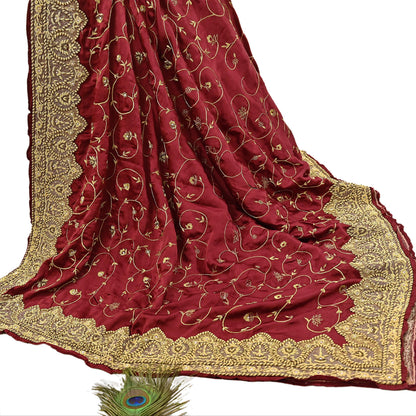 Indian Vintage Heavy Wedding Maroon Dupatta Pure Satin Silk Long Stole Hand Embroidered Scarves Golden Zardozi Bridal Veil