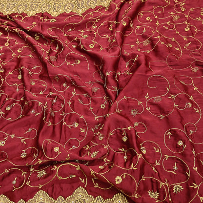 Indian Vintage Heavy Wedding Maroon Dupatta Pure Satin Silk Long Stole Hand Embroidered Scarves Golden Zardozi Bridal Veil