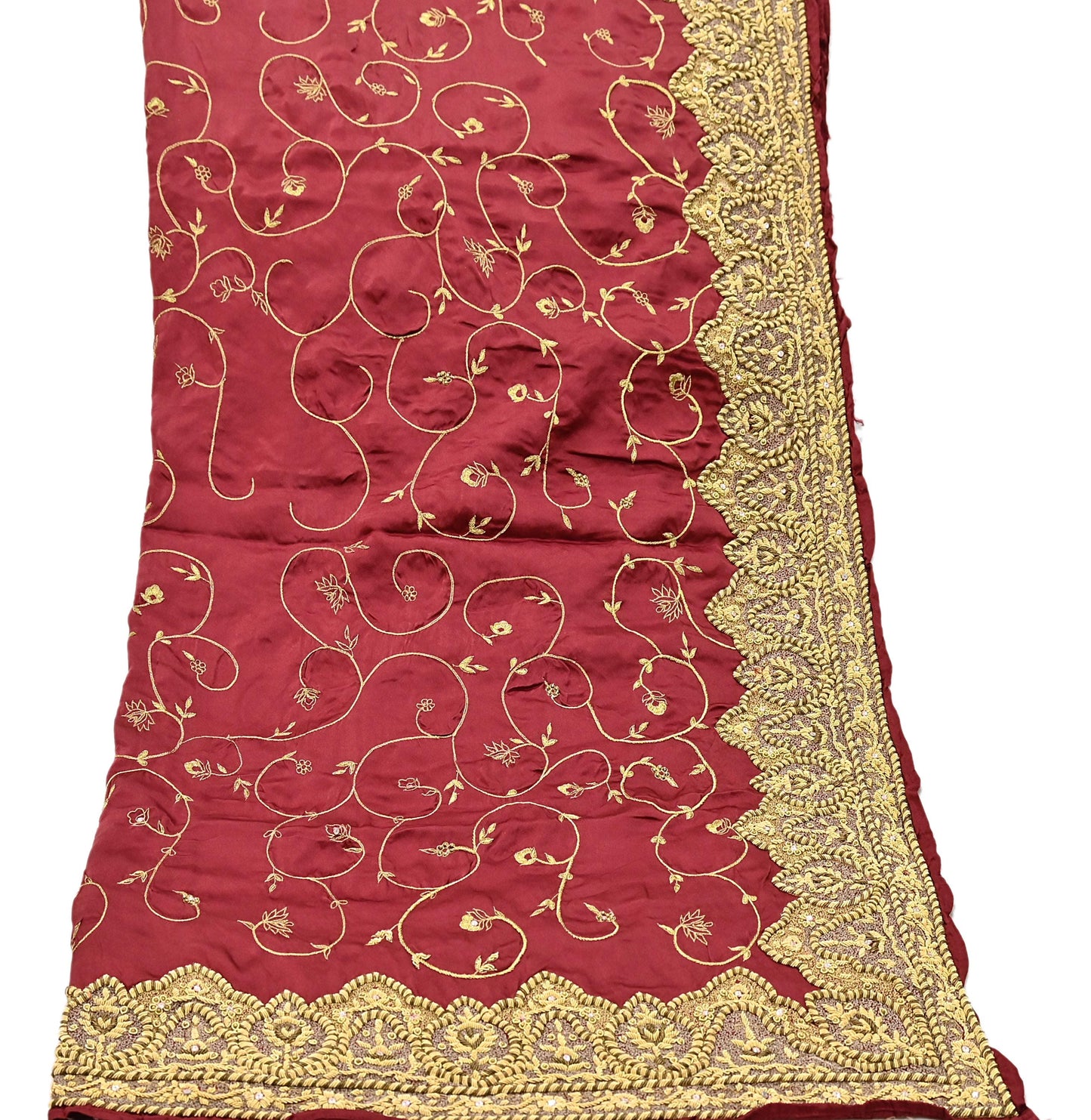 Indian Vintage Heavy Wedding Maroon Dupatta Pure Satin Silk Long Stole Hand Embroidered Scarves Golden Zardozi Bridal Veil