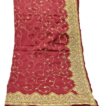 Indian Vintage Heavy Wedding Maroon Dupatta Pure Satin Silk Long Stole Hand Embroidered Scarves Golden Zardozi Bridal Veil