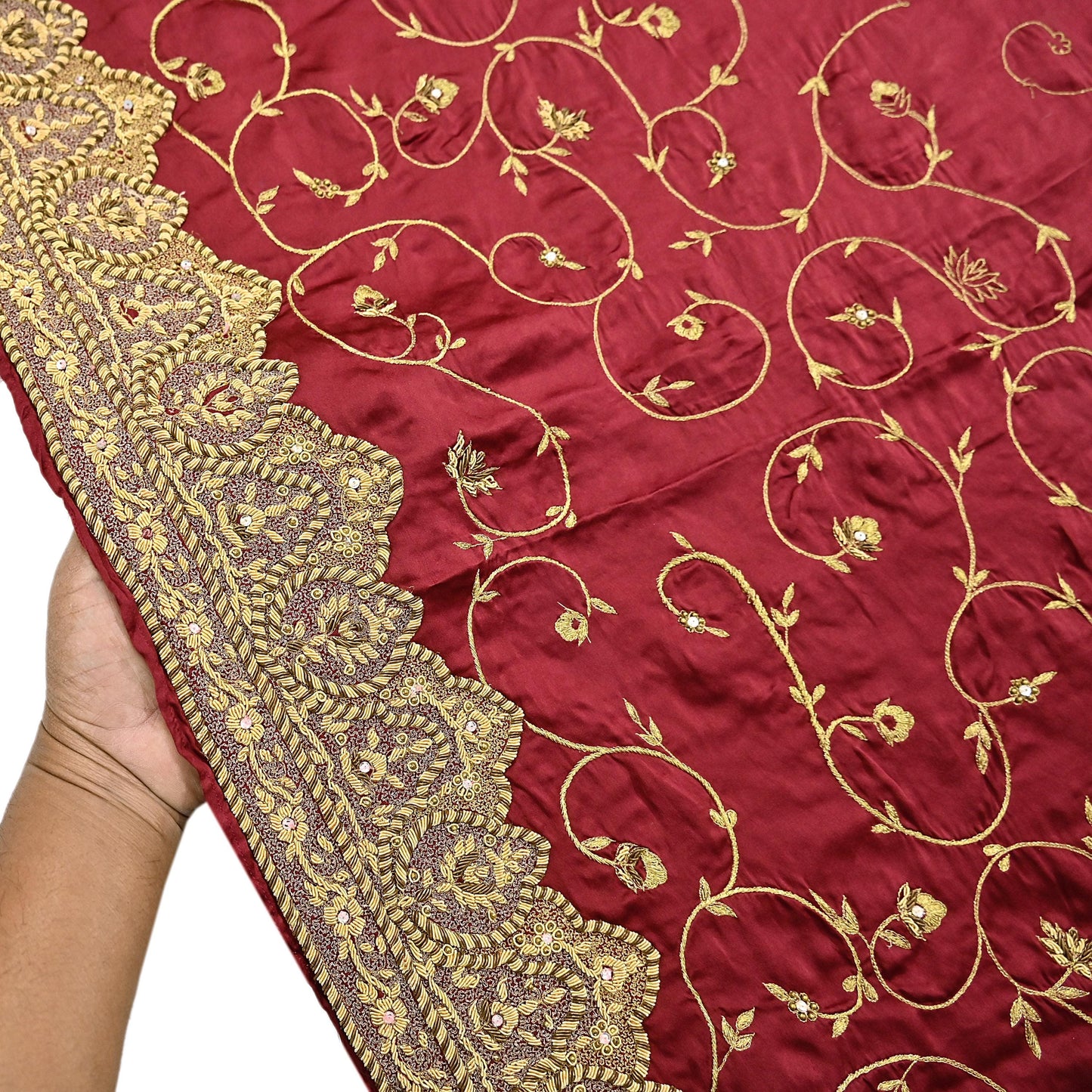 Indian Vintage Heavy Wedding Maroon Dupatta Pure Satin Silk Long Stole Hand Embroidered Scarves Golden Zardozi Bridal Veil