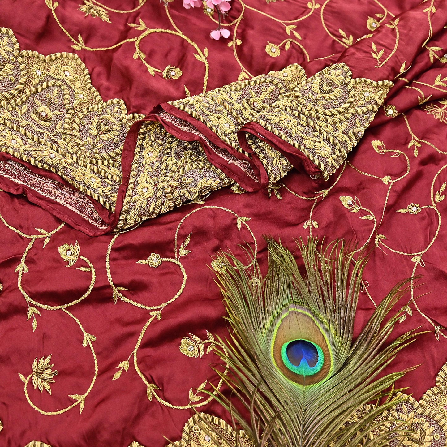 Indian Vintage Heavy Wedding Maroon Dupatta Pure Satin Silk Long Stole Hand Embroidered Scarves Golden Zardozi Bridal Veil
