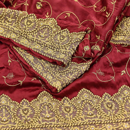 Indian Vintage Heavy Wedding Maroon Dupatta Pure Satin Silk Long Stole Hand Embroidered Scarves Golden Zardozi Bridal Veil