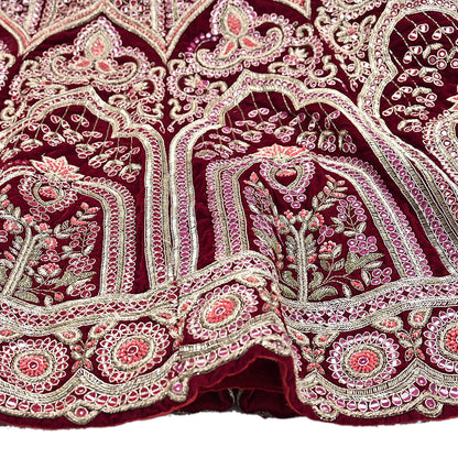 Manish Malhotra Maroon Velvet Lehenga Skirt Heavy Zardozi Dabka Embroidery Indian Bridal Wear, Designer Couture Wedding Outfit