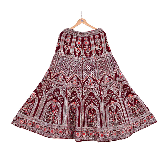Manish Malhotra Maroon Velvet Lehenga Skirt Heavy Zardozi Dabka Embroidery Indian Bridal Wear, Designer Couture Wedding Outfit