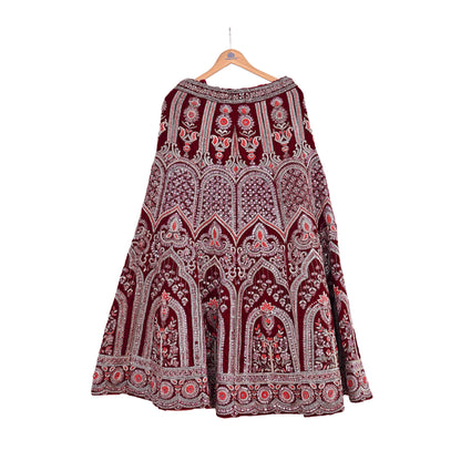Manish Malhotra Maroon Velvet Lehenga Skirt Heavy Zardozi Dabka Embroidery Indian Bridal Wear, Designer Couture Wedding Outfit
