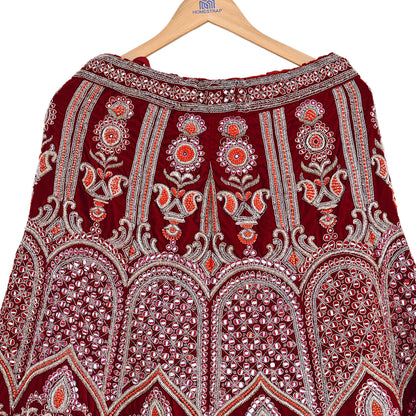 Manish Malhotra Maroon Velvet Lehenga Skirt Heavy Zardozi Dabka Embroidery Indian Bridal Wear, Designer Couture Wedding Outfit