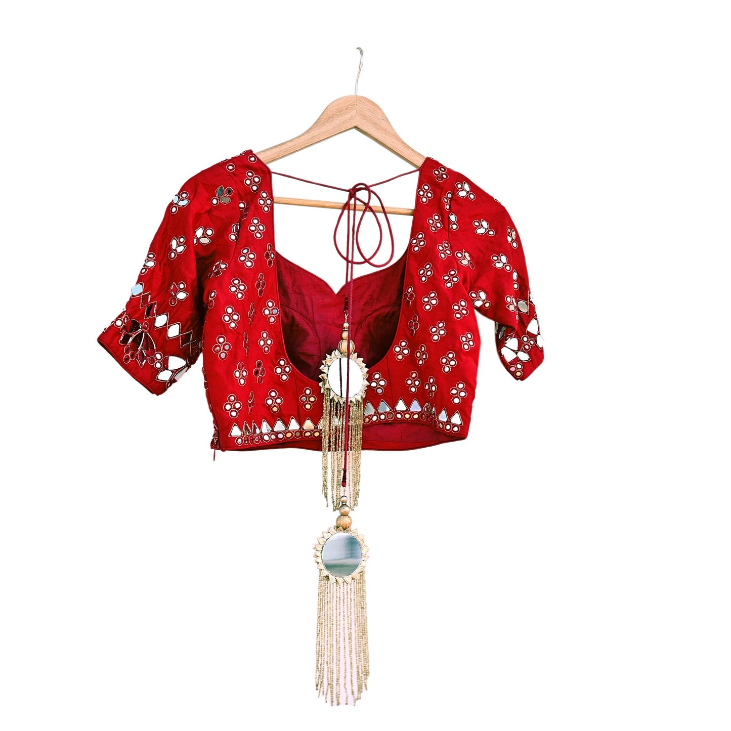 Indian Pre-owned Red Pure Silk Hand Embroidered By Designer Abu Jani Blouse/Top/Crop 34 M Size Party wear Bollywood