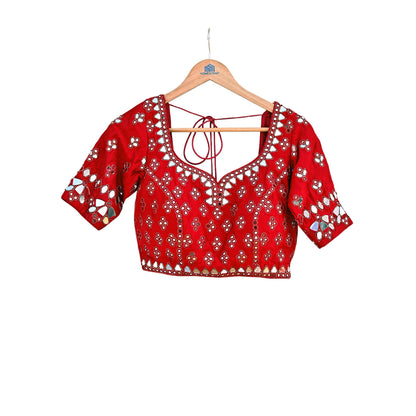 Indian Pre-owned Red Pure Silk Hand Embroidered By Designer Abu Jani Blouse/Top/Crop 34 M Size Party wear Bollywood