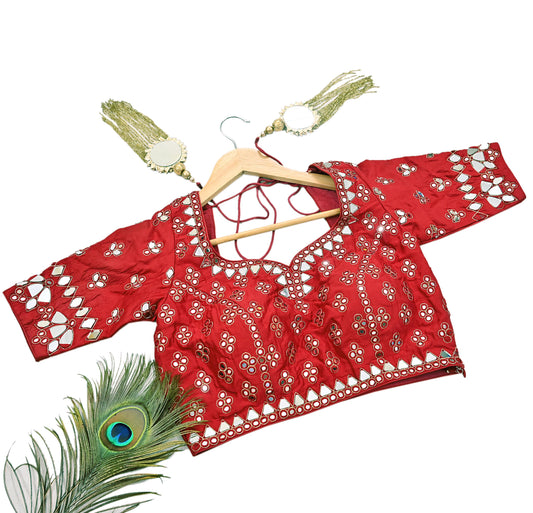 Indian Pre-owned Red Pure Silk Hand Embroidered By Designer Abu Jani Blouse/Top/Crop 34 M Size Party wear Bollywood