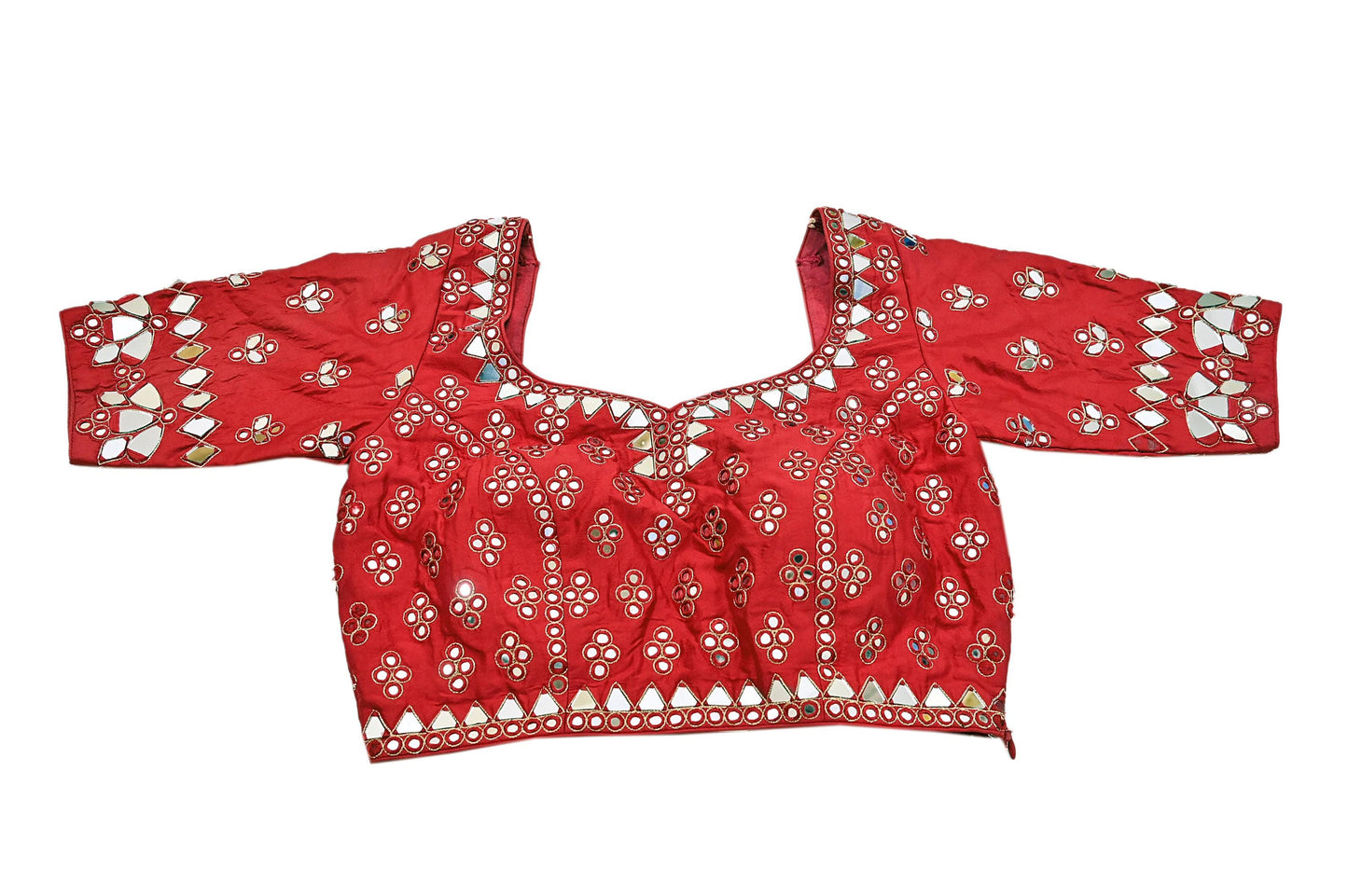 Indian Pre-owned Red Pure Silk Hand Embroidered By Designer Abu Jani Blouse/Top/Crop 34 M Size Party wear Bollywood