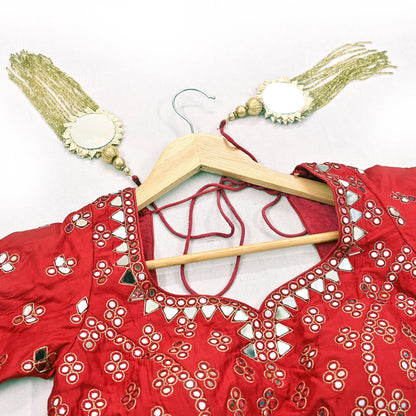 Indian Pre-owned Red Pure Silk Hand Embroidered By Designer Abu Jani Blouse/Top/Crop 34 M Size Party wear Bollywood