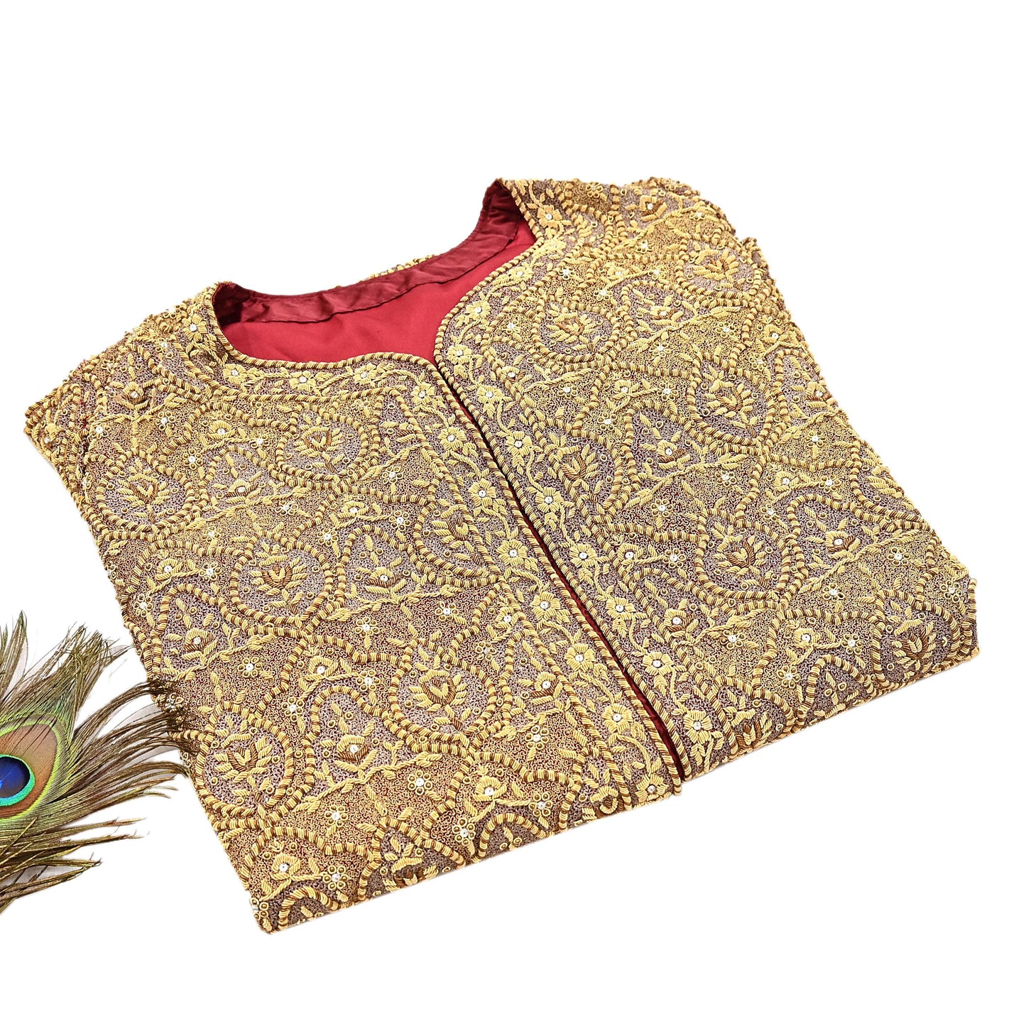 Indian Pre-owned Maroon Pure Satin silk Hand Embroidered Blouse/long Top 2XL Size Party wear Bollywood