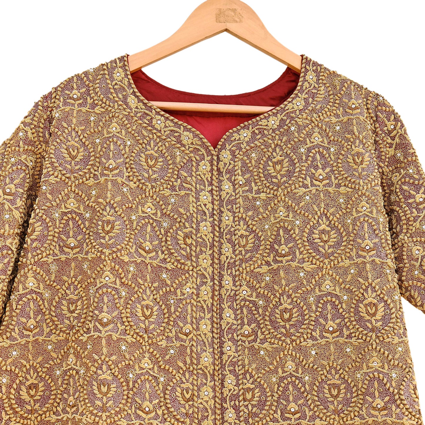 Indian Pre-owned Maroon Pure Satin silk Hand Embroidered Blouse/long Top 2XL Size Party wear Bollywood