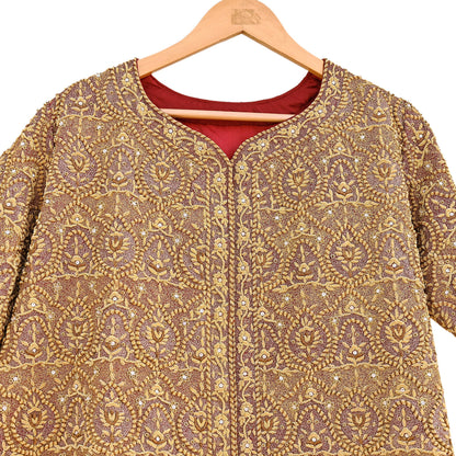 Indian Pre-owned Maroon Pure Satin silk Hand Embroidered Blouse/long Top 2XL Size Party wear Bollywood